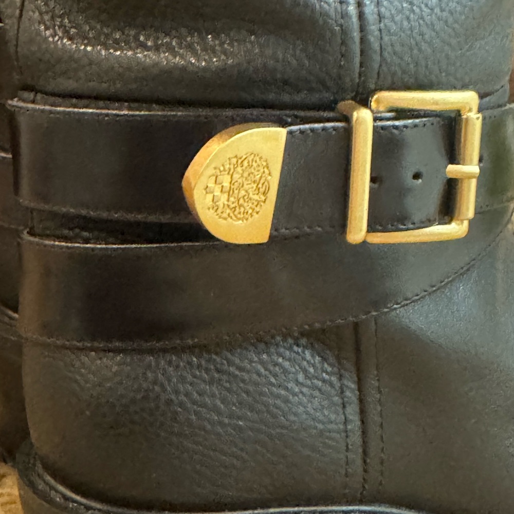 Vince Camuto Black Leather Over the Knee Boots with Gold Buckle - Picture 3 of 6